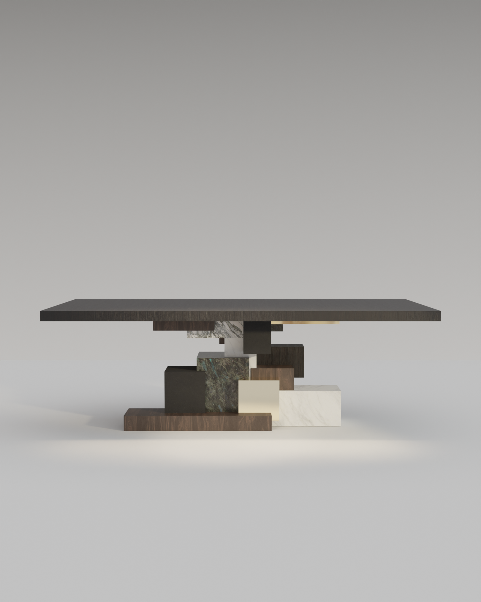Blocks Table 230 x 100 x 75 cm
Moabi, Walnut, Labradorite, marble, polished brass